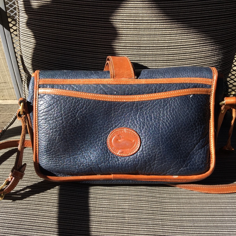 Dooney and Bourke navy and tan mini vintage leather shoulder bag purse